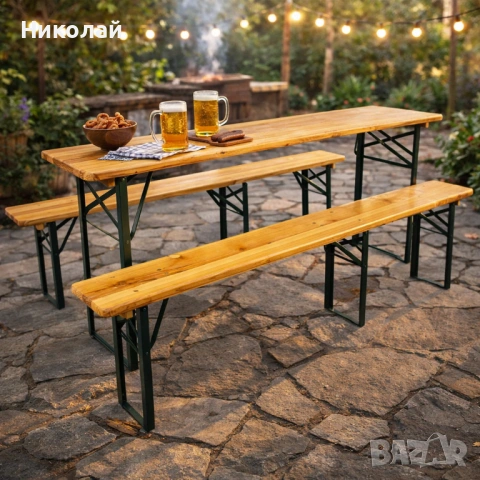 Сгъваем комплект градинска маса с 2 пейки - от чамово дървоо