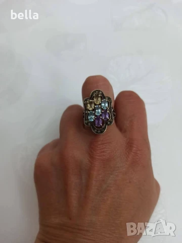 УНИКАТ-ЗЛАТЕН ПРЪСТЕН С ДИАМАНТИ ,АКВАМАРИН ЦИТРИН И АМЕТИСТ, снимка 11 - Пръстени - 50535941