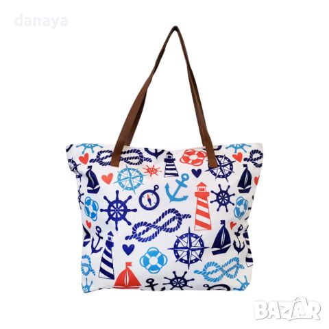 4859 Текстилна плажна чанта с цип Морски мотиви, снимка 1 - Чанти - 45993060