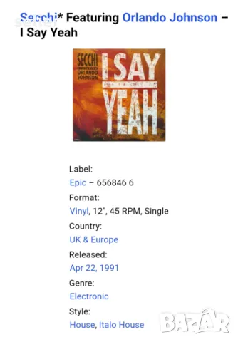 Secchi* Featuring Orlando Johnson ‎– I Say Yeah Maxi Single 12 Издание:UK & Europe 1991г Състояние н, снимка 3 - Грамофонни плочи - 48808502