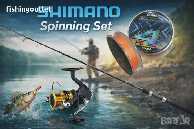 Спининг комплект Shimano . Въдица 2.40м 10-30гр акция, макара 2500 с 3 лагера и плетено влакно 150мт