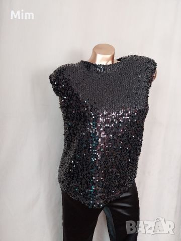 Primark L Черна блуза със черни пайети , снимка 4 - Корсети, бюстиета, топове - 45168559