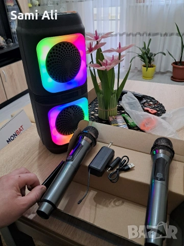 ЧИСТО НОВА Караоке Тонколона с 2 Безжични Микрофона – Пълен Комплект, снимка 4 - Аксесоари и консумативи - 53840494