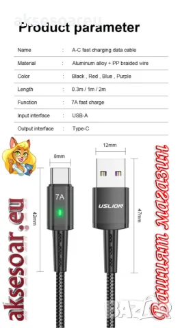 Нов висококачествен 7A USB заряден кабел тип C за Бързо зареждане на мобилен телефон за зарядно , снимка 10 - Резервни части за телефони - 48049886