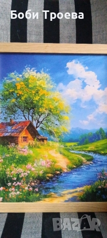 Хармония-пасторална сцена с къщичка, поток и диви цветя, идеална за домашен декор на дома,, снимка 2 - Картини - 51977714