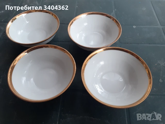 Дулево - съветски порцелан 4 купички за хайвер златен кант, снимка 3 - Антикварни и старинни предмети - 50910075