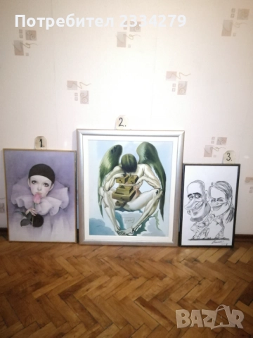 Картини ,,ТЪЖНАТА РОЗА" ПИЕРО ЛЮБОВ, по Мира Фуджита. Офсетова литография. И други две рисувани. 