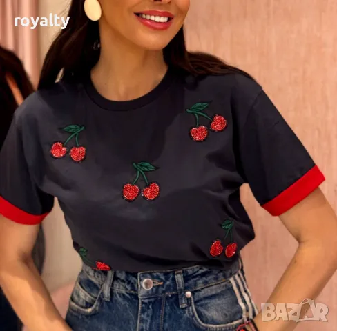 Памучни дамски тениски с черешки Различни цветове , снимка 6 - Тениски - 50411642