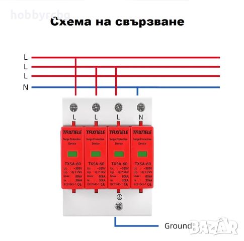 TXSA-60, Трифазен катоден отводител 3P+N 385V/420V 30-60KA UP2.2kV, снимка 4 - Друга електроника - 45075843