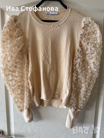 Нова бежова телесна nude елегантна блуза zara Zara Зара 5Д 3D цветя , снимка 8 - Блузи с дълъг ръкав и пуловери - 52483531