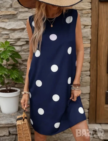 Къса синя рокля на точки, снимка 1
