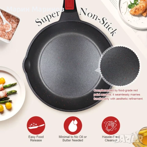 см незалепващ тиган с подвижна дръжка – червено-черен  , снимка 3 - Прибори за хранене, готвене и сервиране - 53386356