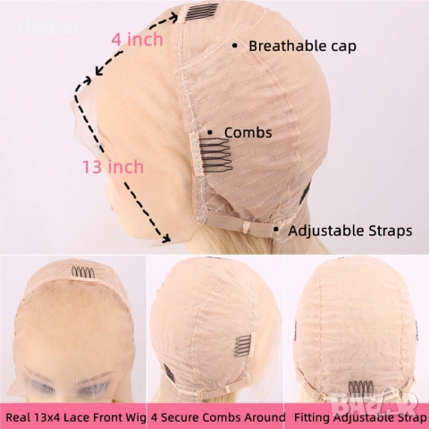 613 руса перука тип боб, човешка коса, 13x4 HD, прозрачна дантела отпред, 25 см, снимка 4 - Аксесоари за коса - 51934620
