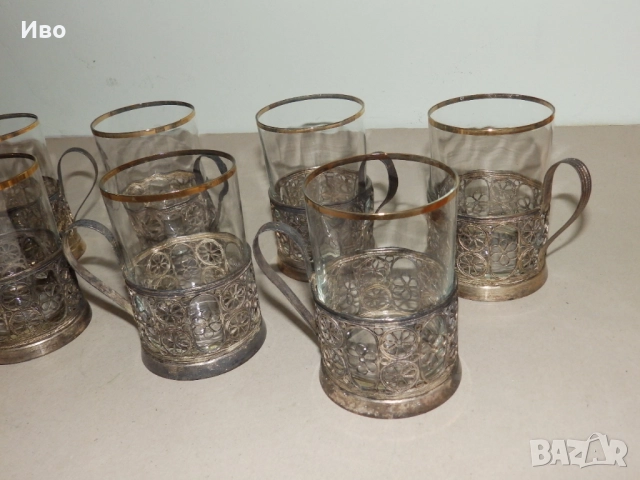 Руски посребрени подстакани филигран с оригинални чаши, снимка 3 - Антикварни и старинни предмети - 52533769