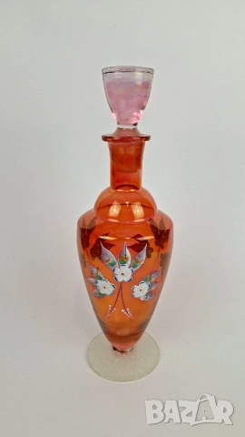 Сервиз за алкохол от червено стъкло с ръчно рисувани цветя, снимка 3 - Сервизи - 52100714