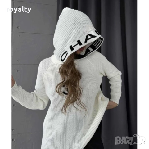 Дамски бял пуловер Ch🅰️nel свободен модел с качулка, снимка 2 - Блузи с дълъг ръкав и пуловери - 52163177
