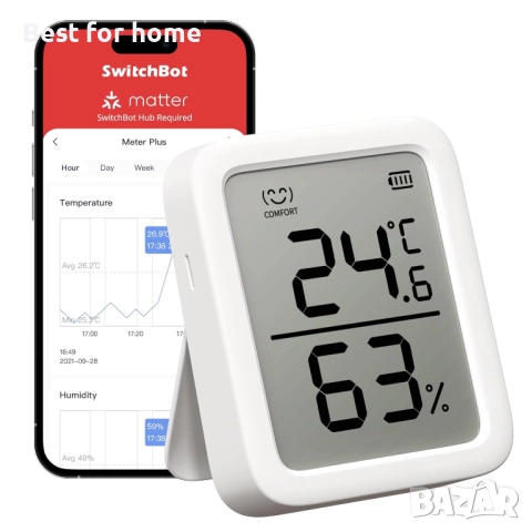 Смарт термометър и влагомер SwitchBot Meter Plus – Bluetooth, голям дисплей и известия на телефона, снимка 3 - Друга електроника - 52967779