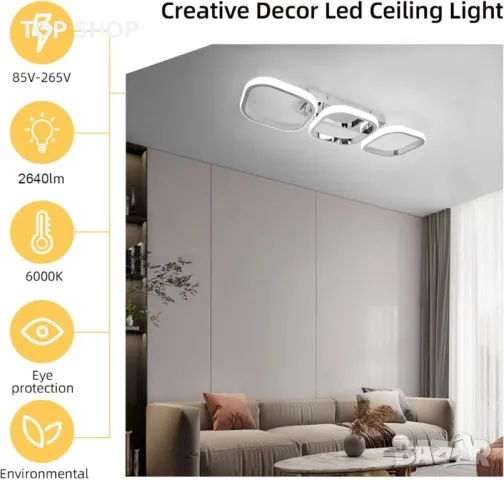 Модерна LED таванна лампа EIDISUNY, 3 квадрата LED, 33W студена бяла светлина (сребриста), снимка 8 - Лед осветление - 49509154