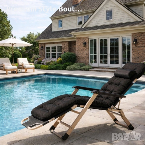 Луксозен градински шезлонг, сгъваем, със златиста рамка и черно ватирана възглавница, снимка 2 - Градински мебели, декорация  - 53891266