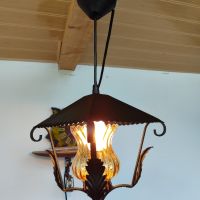 Уникален старинен полилей от ковано желязо с красиви орнаменти и стъкленица , снимка 6 - Лампи за таван - 46020162