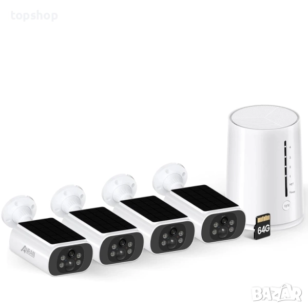 ЧИСТО НОВА ANRAN C3 4MP Wifi комплект от 4 камери със слънчева батерия + базова станция с 64GB SD.., снимка 1