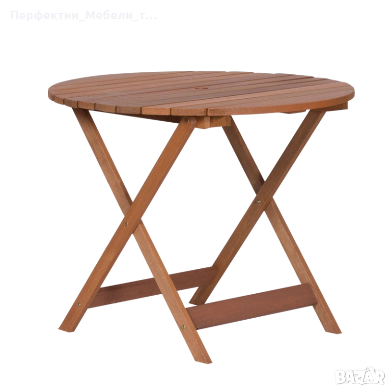 Сгъваема мобилна дървена кръгла(90см) маса за 6 човека с отвор за чадър, снимка 1