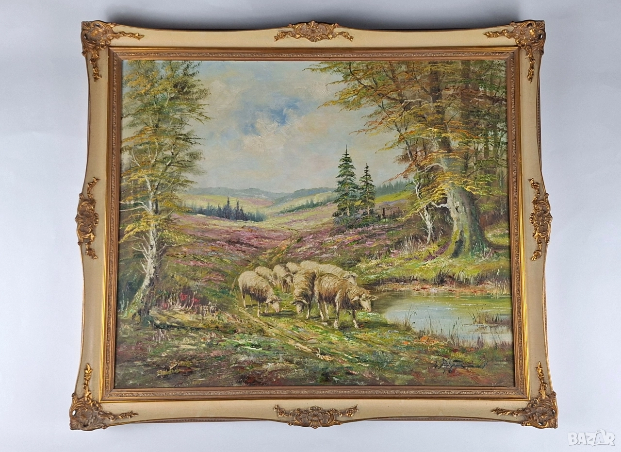 Стара картина на пейзаж с овце край малко езеро, снимка 1