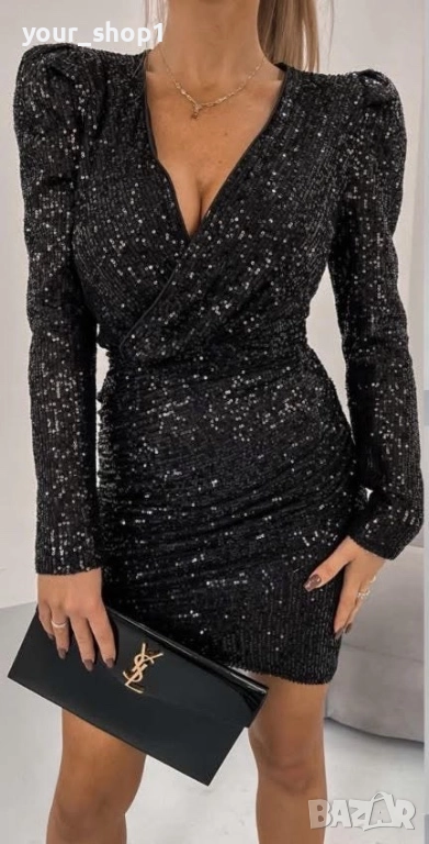 Елегантна къса рокля с дълъг ръкав пайети , снимка 1