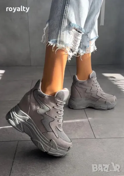 Кецове на платформа - сив велур и мрежа, снимка 1