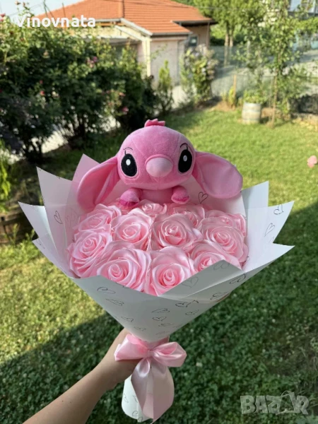 Букет СТИЧ с 13 ръчно изработени сатенени рози , снимка 1