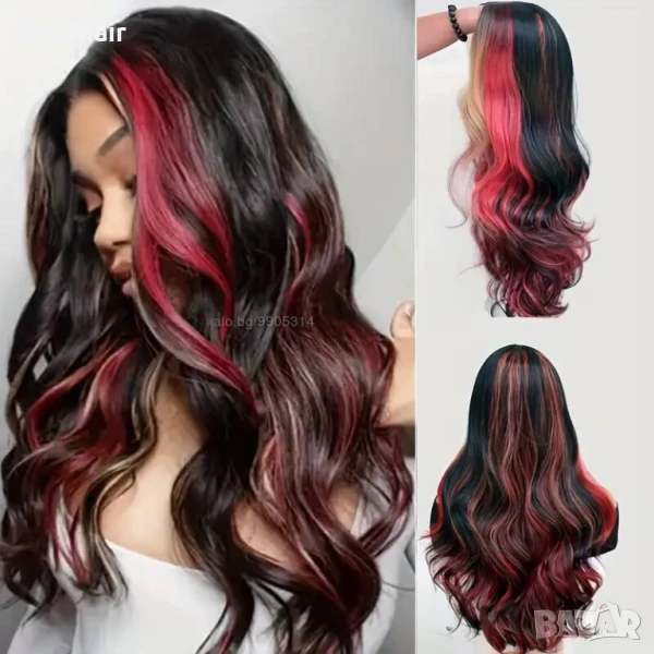 Вълнообразна перука с кичури микс от цветове русо червено черно на път, снимка 1