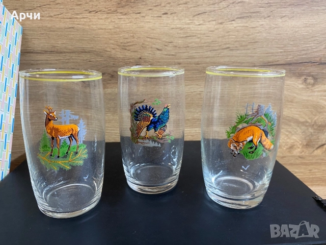 Стъклени чаши с ловен мотив в кутия -1980, снимка 4 - Чаши - 51866568