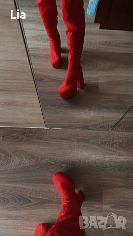 Червени ботуши/чизми, снимка 3 - Дамски обувки на ток - 45712706