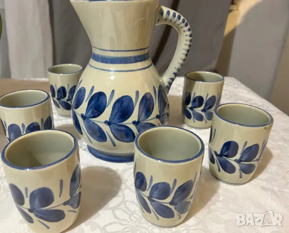 Art Pottery Blue Pitcher Set, Osterr Edel Keramic,  Арт керамика к-т Gollhammer ceramics GK Austria, снимка 1 - Антикварни и старинни предмети - 47221999