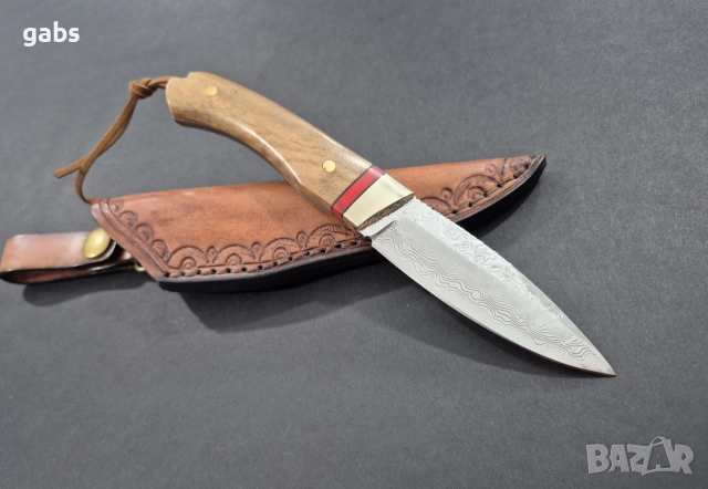 Компактен ловен нож CLRERN,дамаска стомана,фултанг с кожена кания ,LN433, снимка 2 - Ножове - 52949727