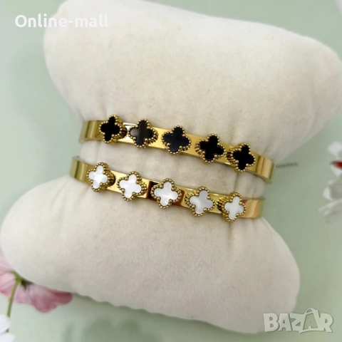 Луксозна гривна с детелини Van Cleef медицинска стомана, черна или бял, снимка 3 - Гривни - 52425298