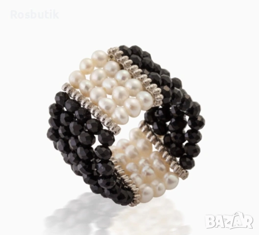 Уникален пръстен с естествени перли и оникс , снимка 4 - Пръстени - 53262039