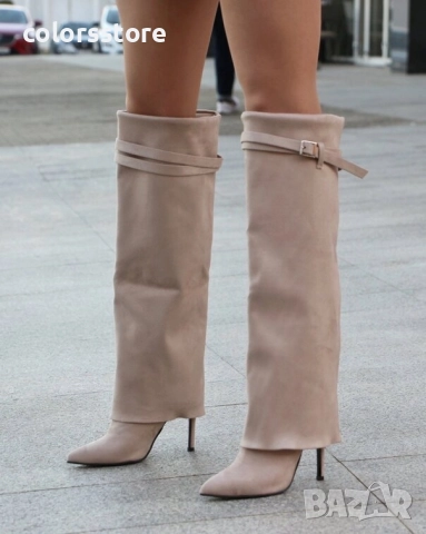 Ботуши на ток - бежов велур - KD100, снимка 2 - Дамски ботуши - 48427777