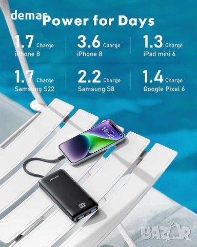 Charmast Power Bank с вградени кабели 2 броя, 10000mAh USB C батерия 6 изхода 3 входа, снимка 3 - Външни батерии - 46010184