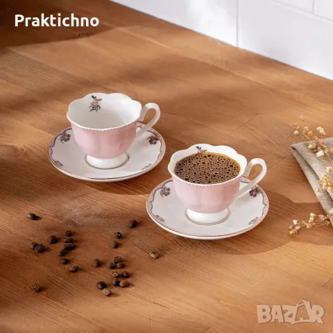 Комплект 2 чаши за кафе с чинийки, Ретро/Романтика, ПОРЦЕЛАН, 90 мл ☕️🎁🥰, снимка 2 - Чаши - 46913915