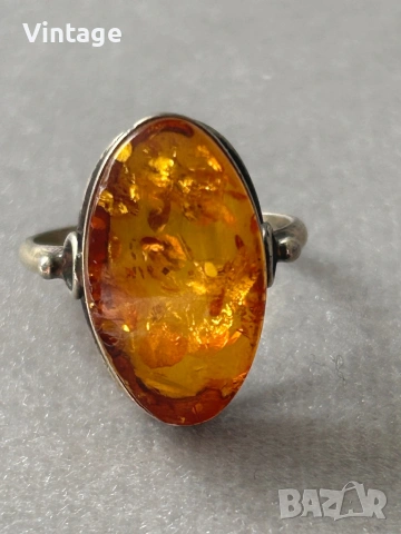 Антикварен съветски сребърен пръстен с кехлибар , снимка 6 - Пръстени - 53260437