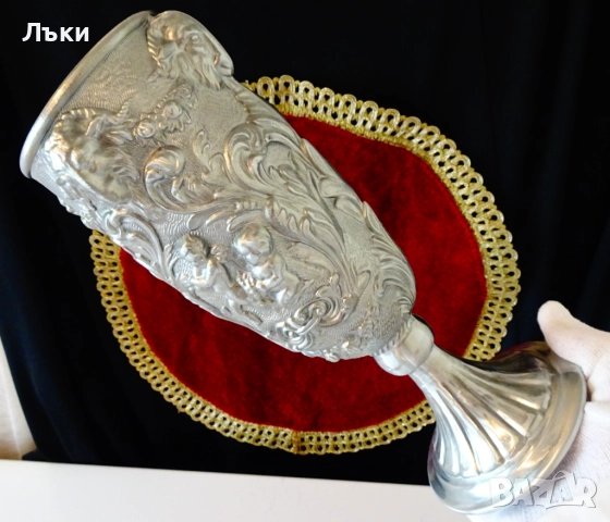 Калаен бокал,чаша за вино,глави на овен,ангели,барок. , снимка 6 - Антикварни и старинни предмети - 51704366