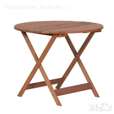 Сгъваема мобилна дървена кръгла(90см) маса за 6 човека с отвор за чадър