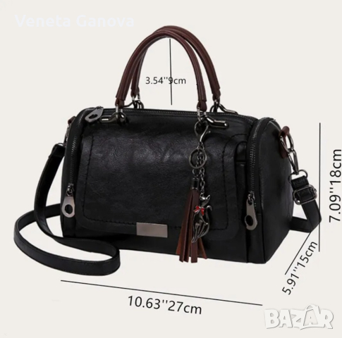 Черна дамска чанта от екокожа с къса и дълга дръжка, снимка 1 - Чанти - 45068372