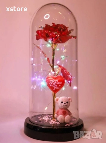 Романтична стъкленица с роза, мече и LED светлини, снимка 5 - Подаръци за жени - 52793410
