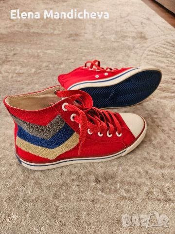 Дамски унисекс кецове маратонки обувки в червено и със син акцент от Pony пънк винтидж стил, снимка 5 - Маратонки - 45697632