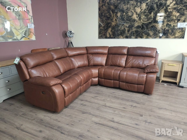 Кафяв кожен ъглов диван Moreno с електрически релаксиращ механизъм