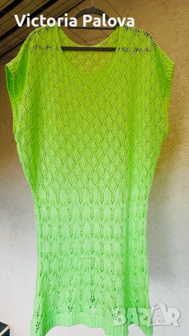 Ефектна памучна плажна рокля- туника цвят лайм  CROCHET , снимка 13 - Рокли - 54260084