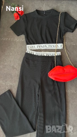 Нов уникален комплект от широк панталон и блузка с ефектни ластици с надписи, снимка 1