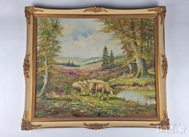 Стара картина на пейзаж с овце край малко езеро